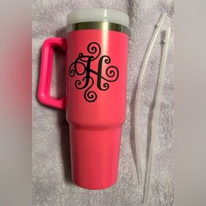 Pink “H” Monogrammed Travel Tumbler with Handle & 2 Straws